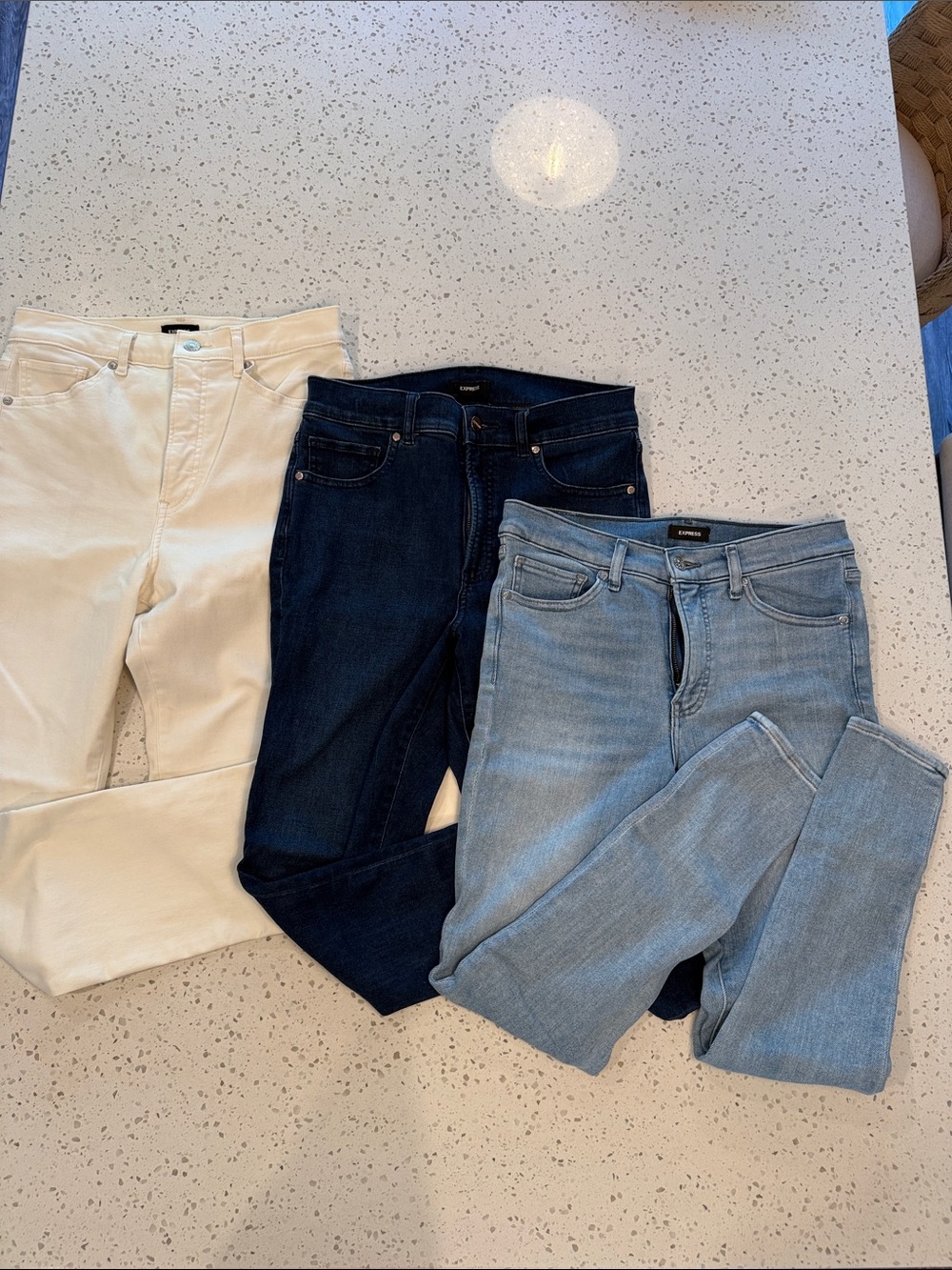 Express Women’s Skinny Jeans Trio — White, Dark Blue & Light Blue
